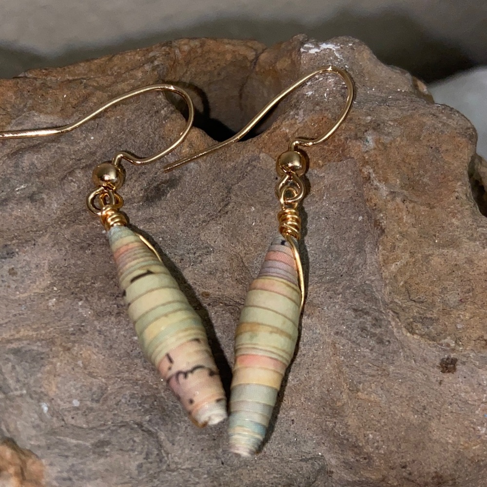 New Handmade African Paper Beads Gold Tone Multicolor Dangling Drop Earrings